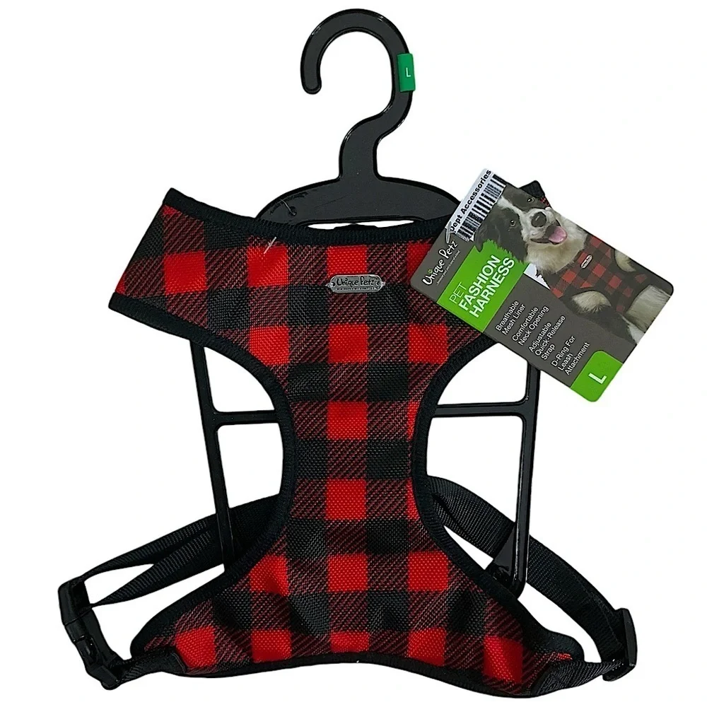 Unique Petz Dog Large Harness Red Black Tartan Plaid Comfy Adjustable SZ L